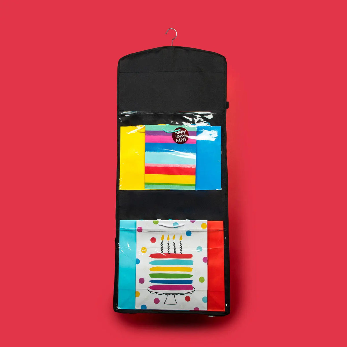 Black hanging gift wrap organizer with two visible clear front pockets for gift wrap