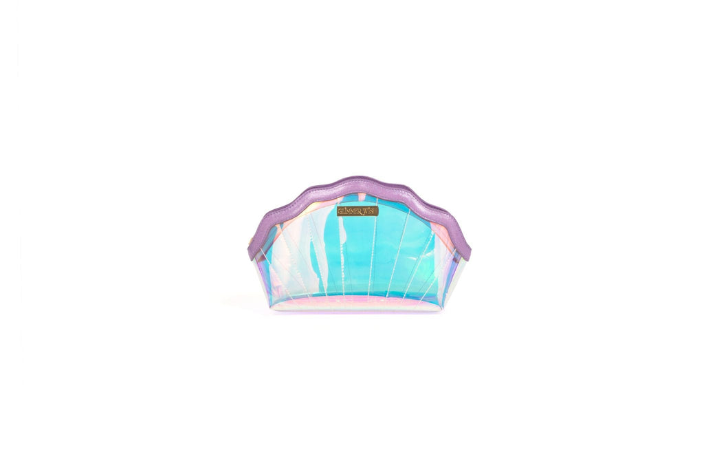 Mini mermaid travel pouch with iridescent blue front and lavender scalloped trim