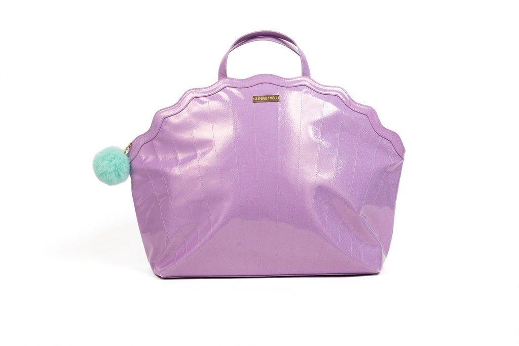 Mermaid travel tote bag in lavender with scalloped top and teal pom detail
