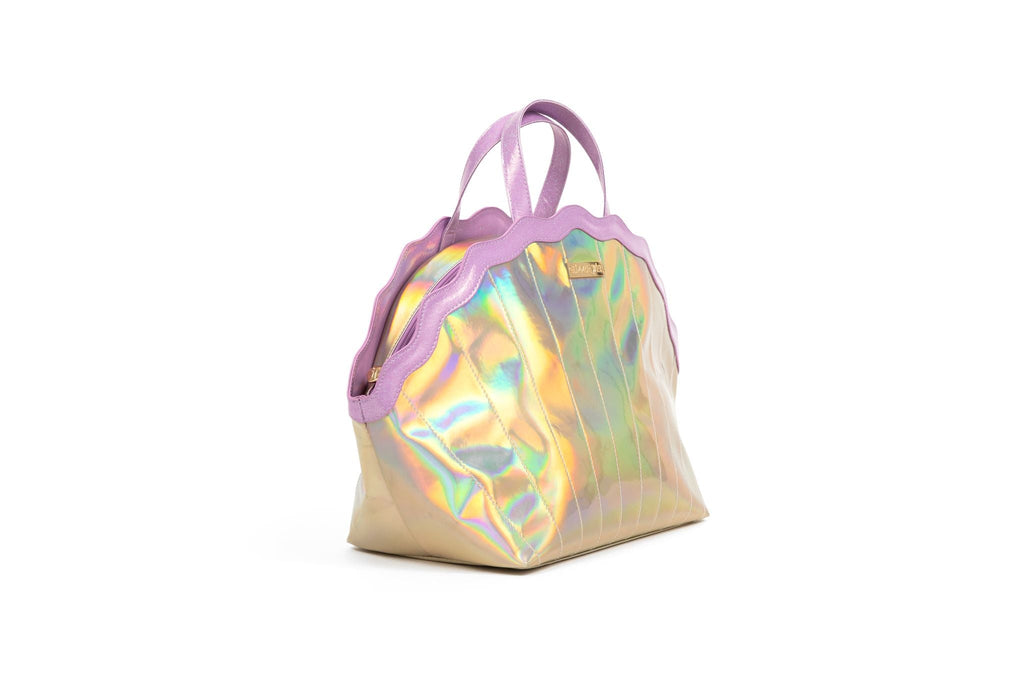 Iridescent mermaid travel tote with purple handles and holographic sheen