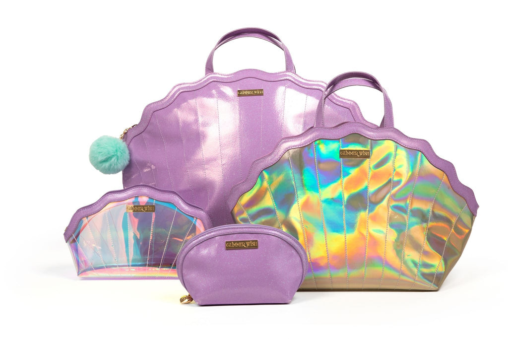Mermaid travel luggage set with lavender tote, iridescent shell bag, and zip pouch