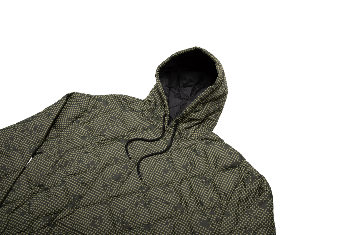 Woobie hoodie pixel camo green with attached hood and black drawstring.