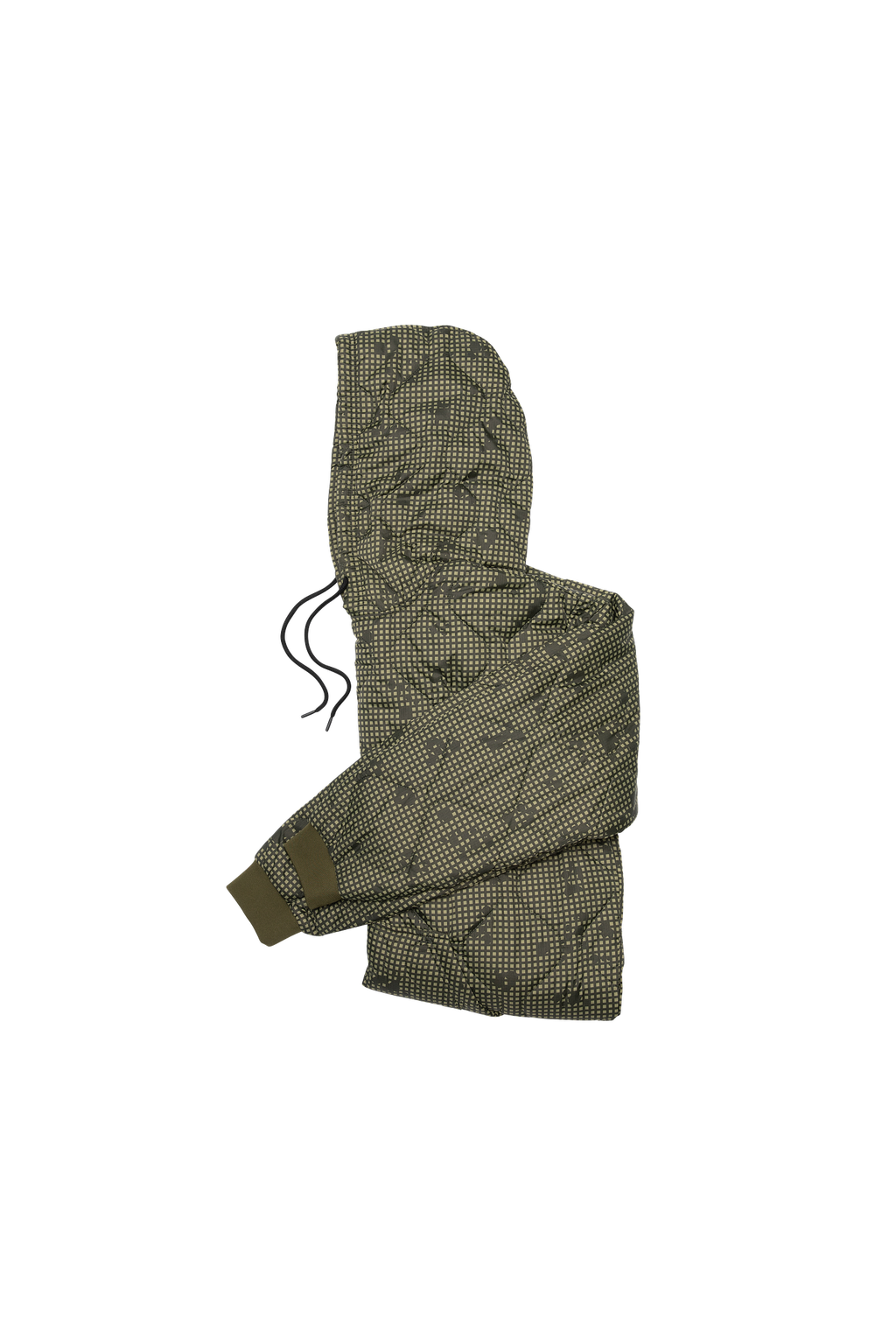 Woobie hoodie pixel camo green with hood and black drawstring, folded sleeve view.