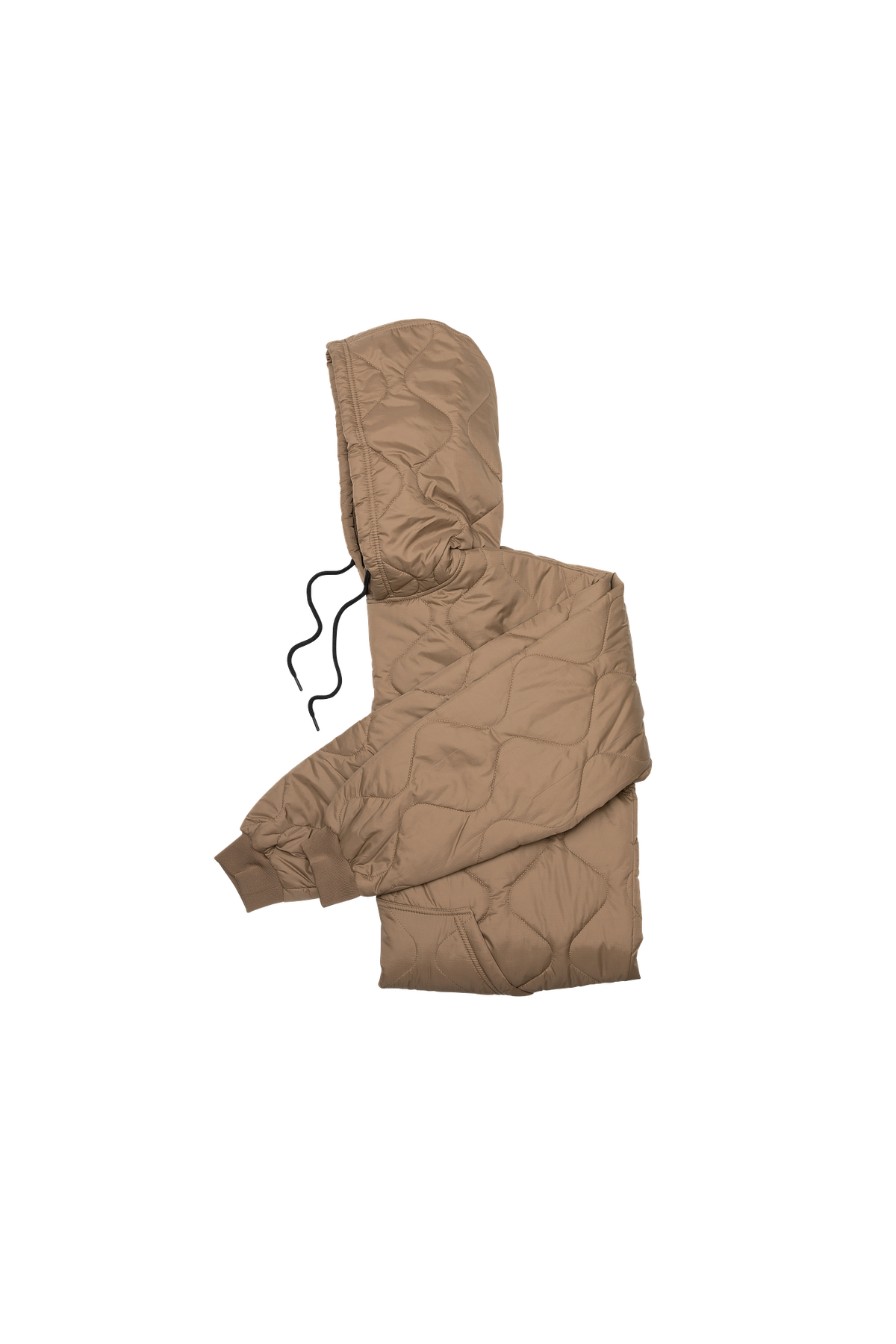Woobie hoodie beige pullover with hood and black drawstring, quilted look.