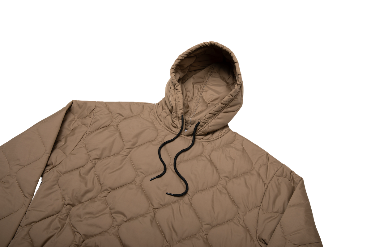 Woobie hoodie beige pullover with hood and black drawstring, close-up chest.