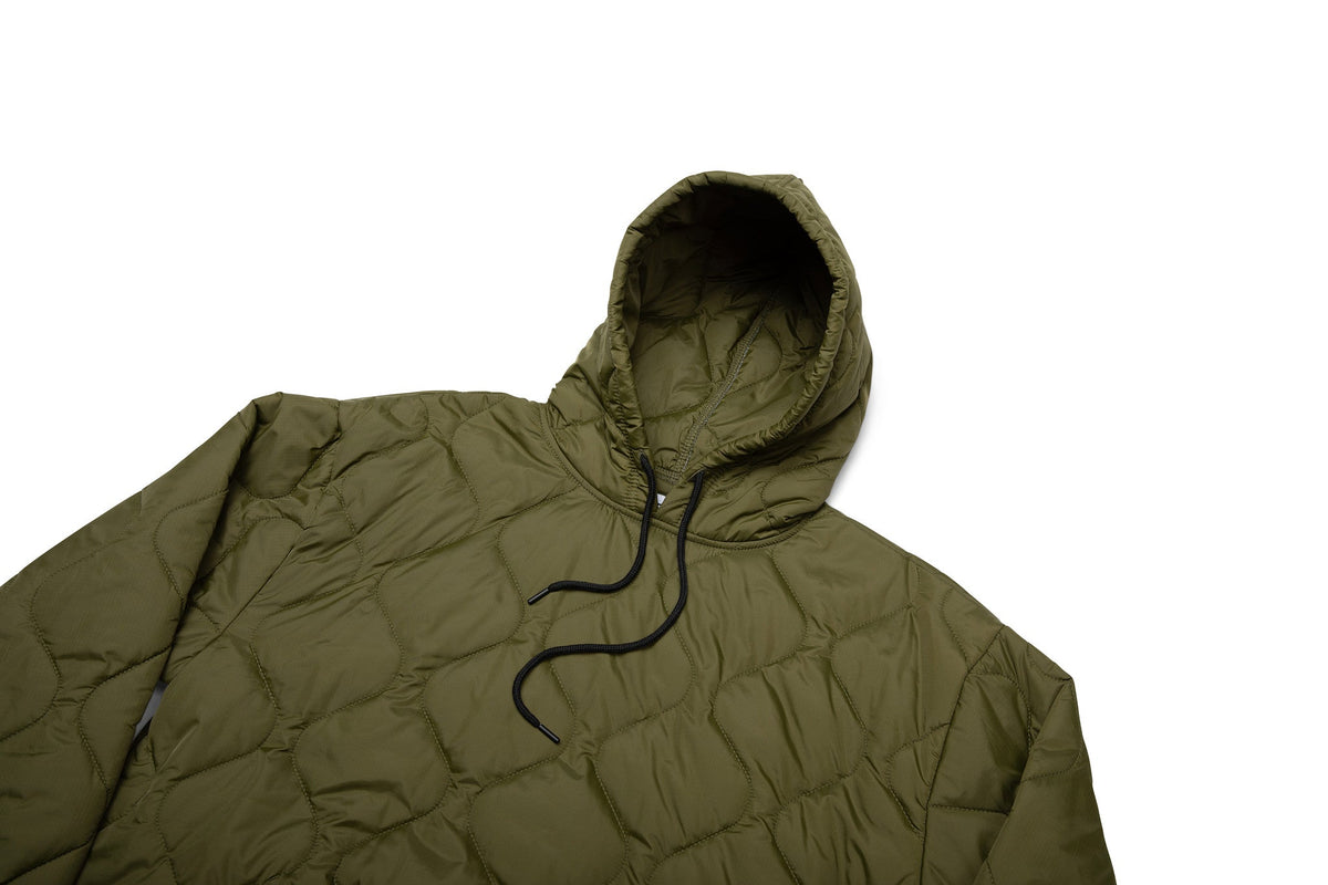 Woobie hoodie olive pullover with hood and black drawstring, quilted texture.