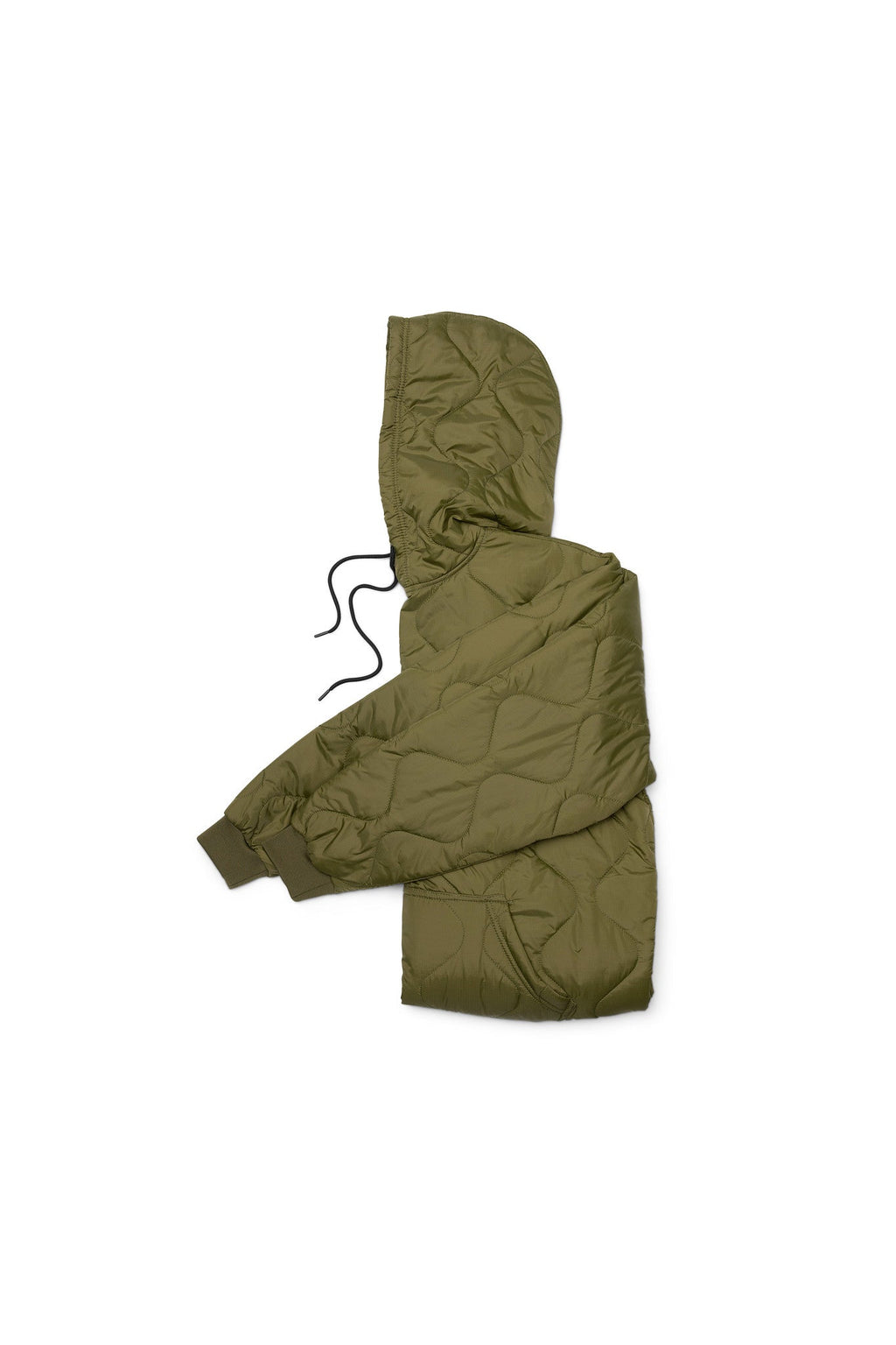Woobie hoodie olive pullover with hood and black drawstring, folded side view.