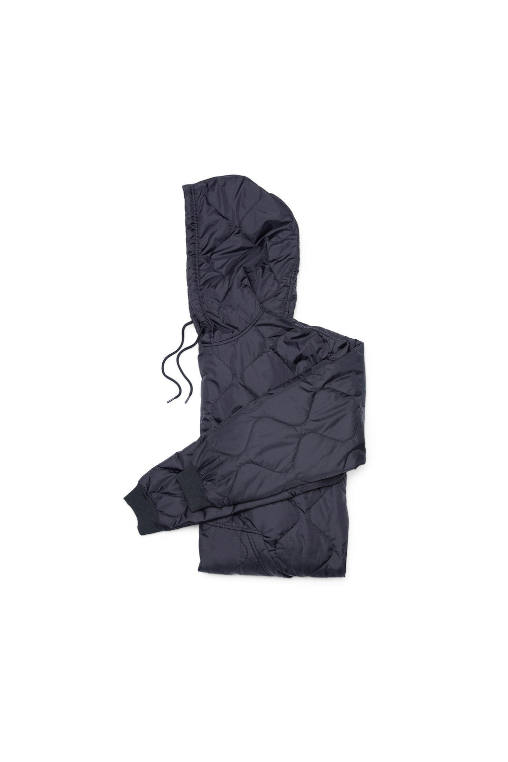 Woobie hoodie dark navy pullover with hood and black drawstring, front pocket outline.