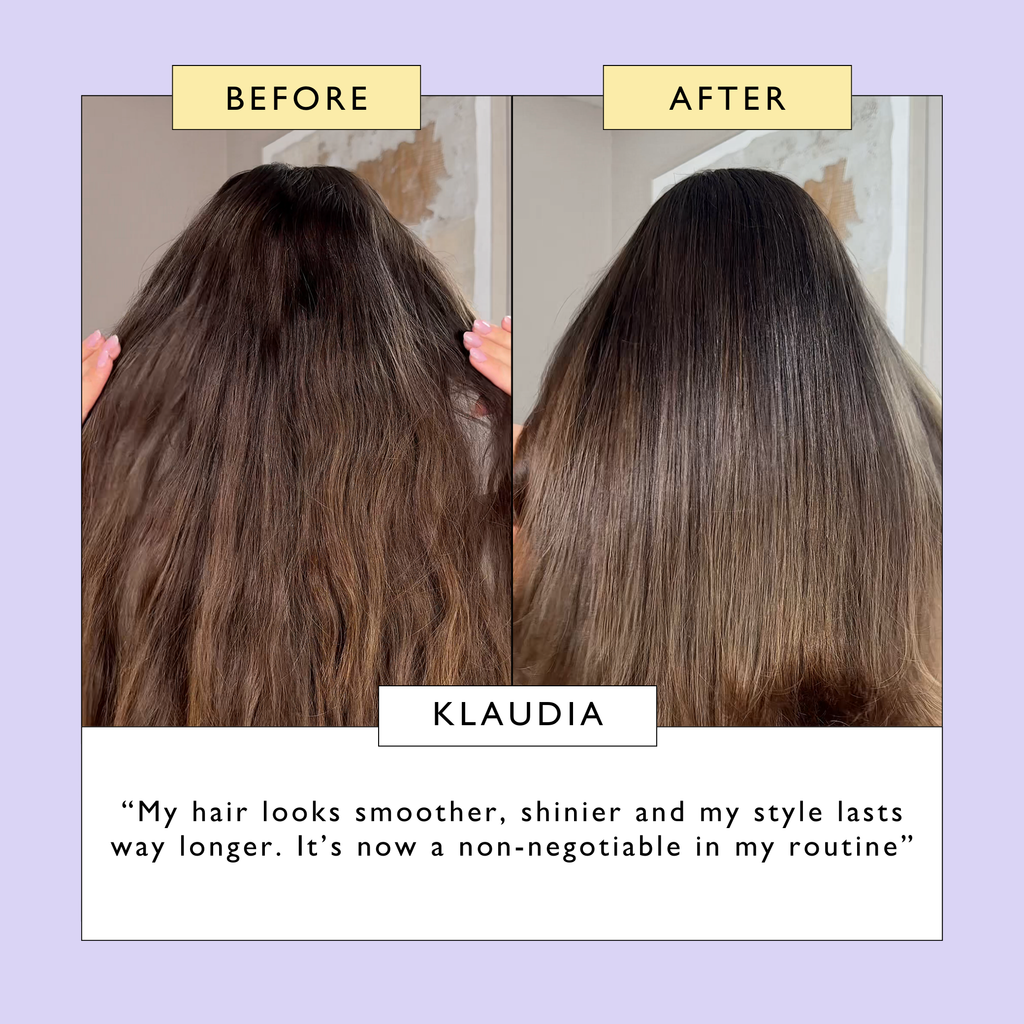 Hair serum before-and-after comparison showing smoother, shinier hair results