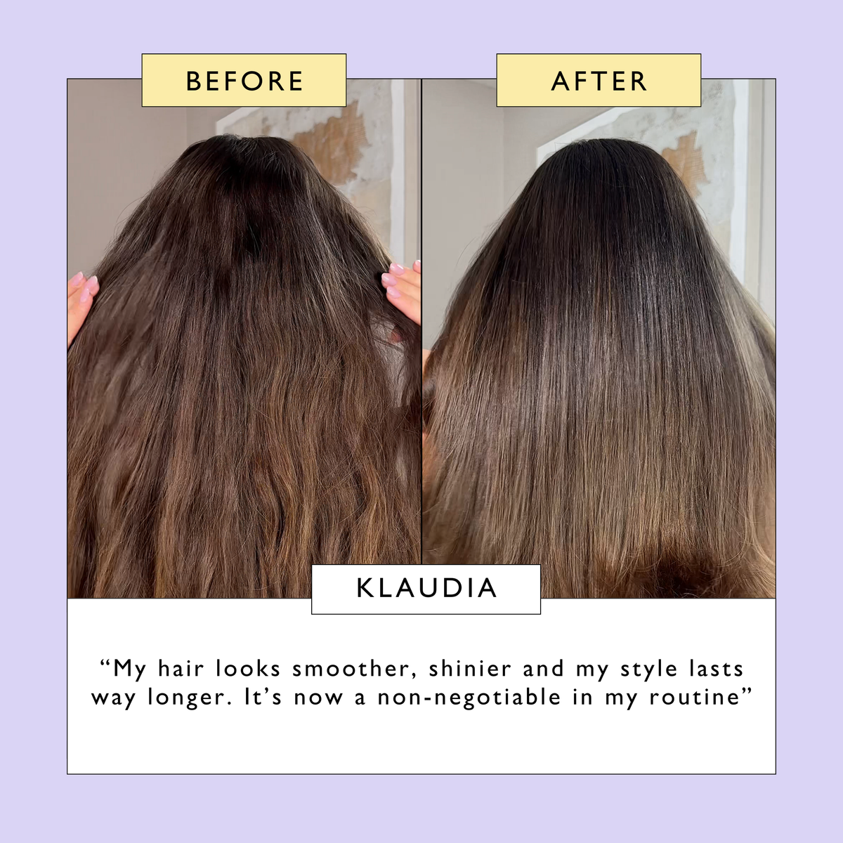 Hair serum before-and-after comparison showing smoother, shinier hair results