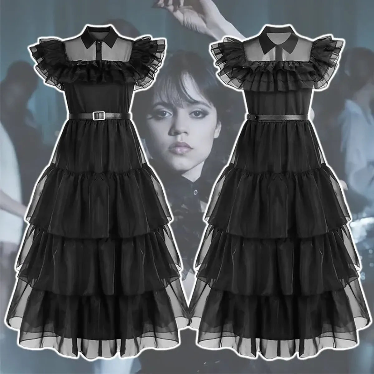 Black ruffled tulle cosplay dress with white collar and waist belt