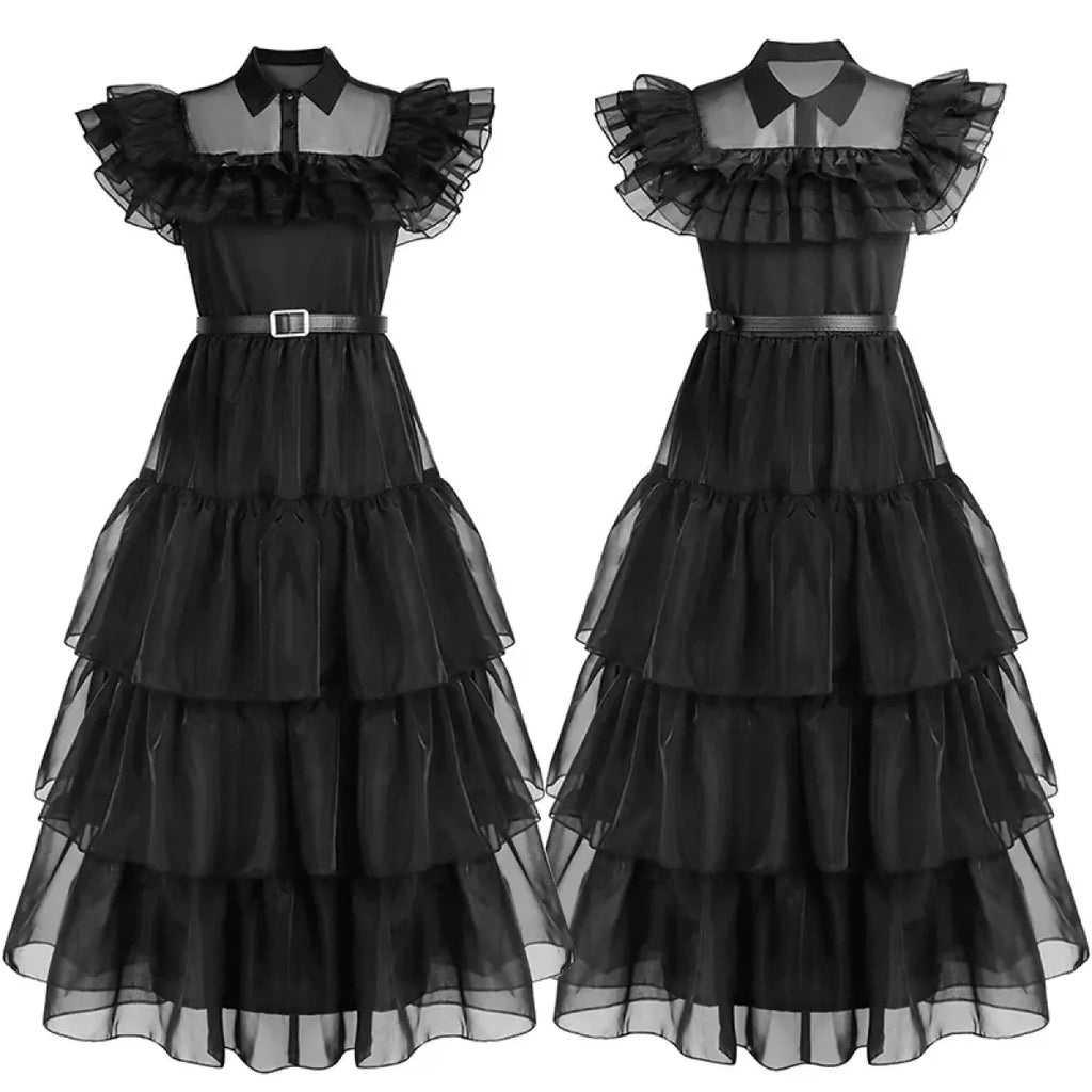 Black tiered tulle dress with white Peter Pan collar, ruffle sleeves, waist belt