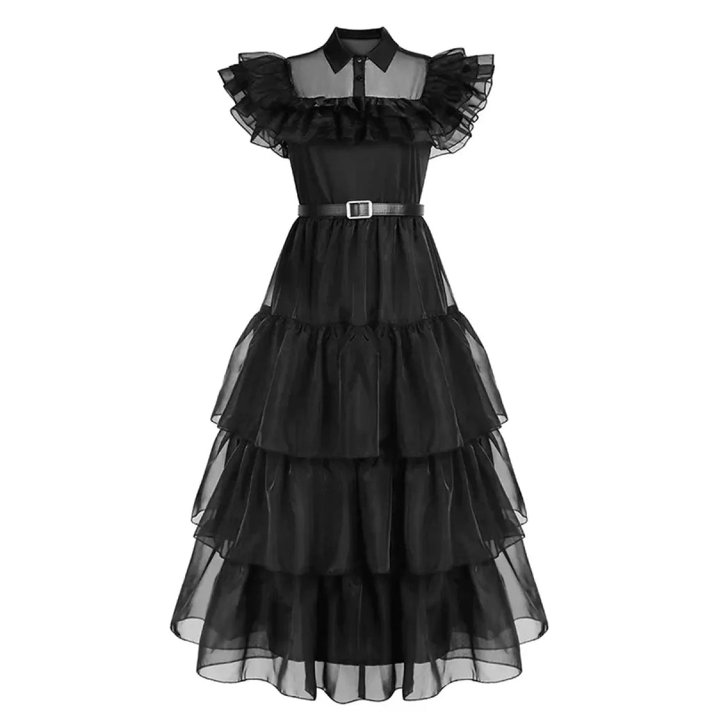 Black tiered tulle cosplay dress with white collar and square-buckle waist belt