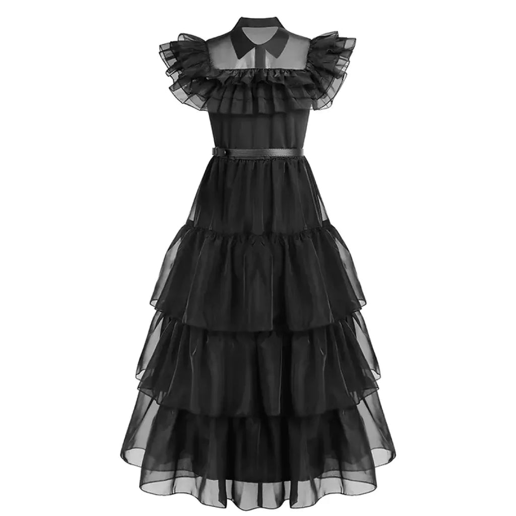 Black flared tiered tulle dress with sheer layered sleeves and white Peter Pan collar