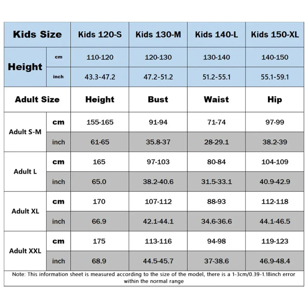 Kids and adult size chart for cosplay dress with height and bust waist hip table