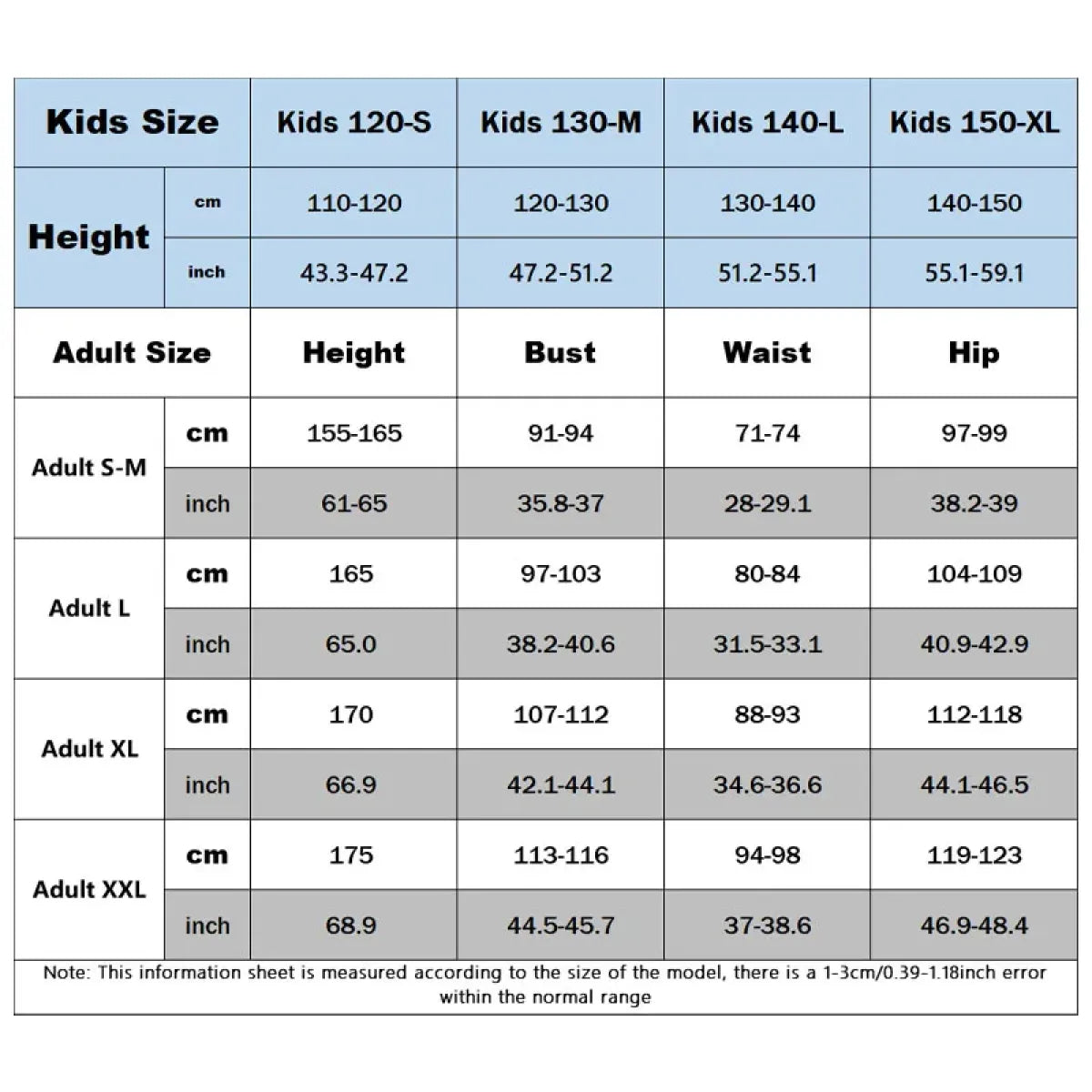 Kids and adult size chart for cosplay dress with height and bust waist hip table