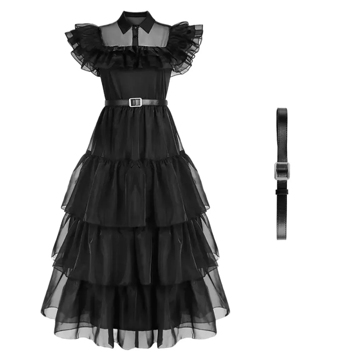 Black tiered tulle dress with white collar, square-buckle belt, and adjustable strap