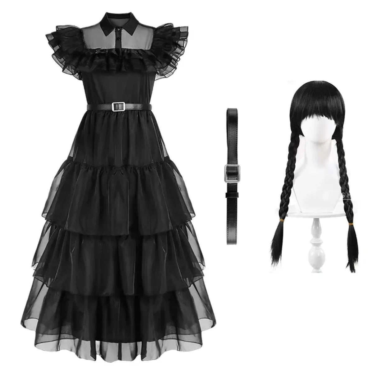 Black tiered tulle dress with white collar plus braided pigtail wig and belt strap