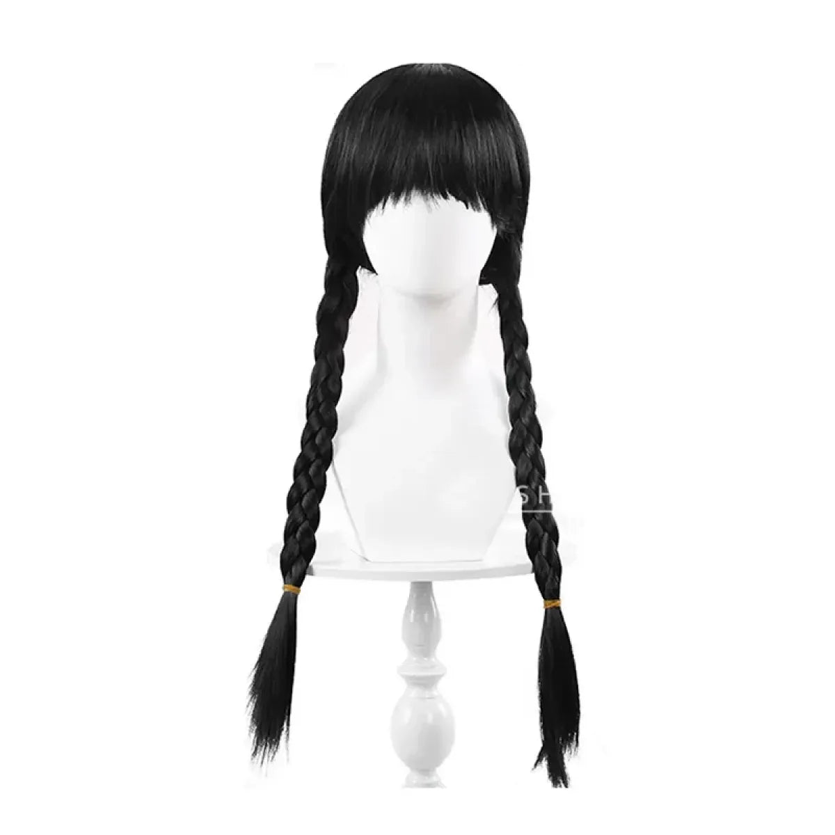 Black braided pigtail wig with straight bangs and long twin braids