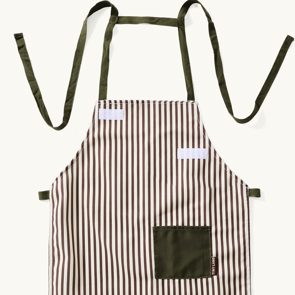 Striped kids' play kitchen apron with green ties and front pocket