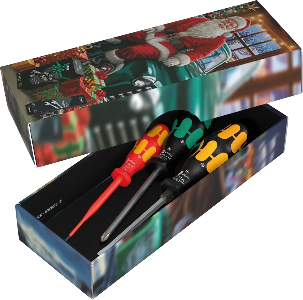 Wera screwdrivers with red, green and yellow handles in an open holiday gift box