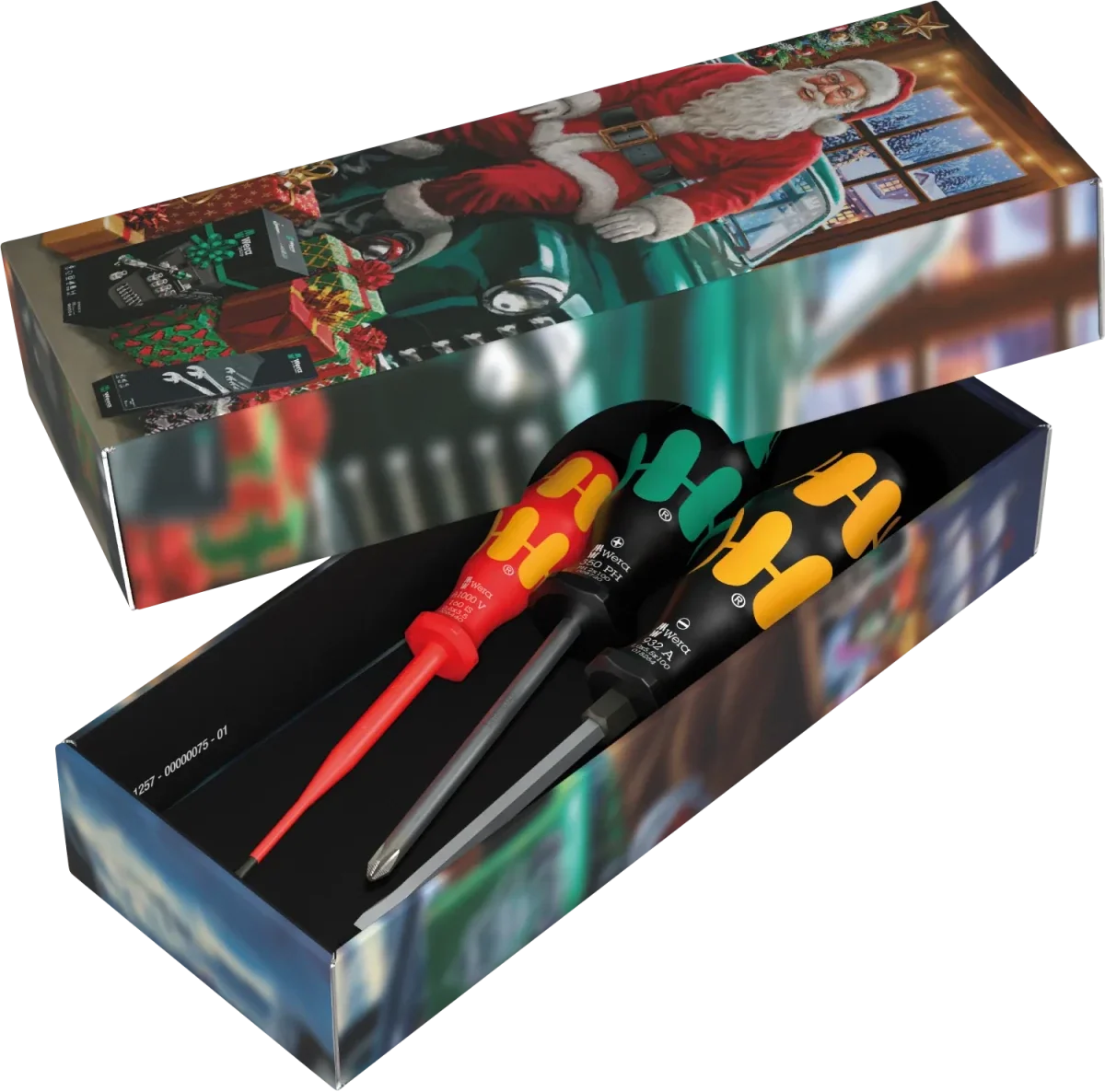 Wera screwdrivers with red, green and yellow handles in an open holiday gift box