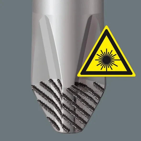 Wera screwdriver tip beside a laser warning symbol