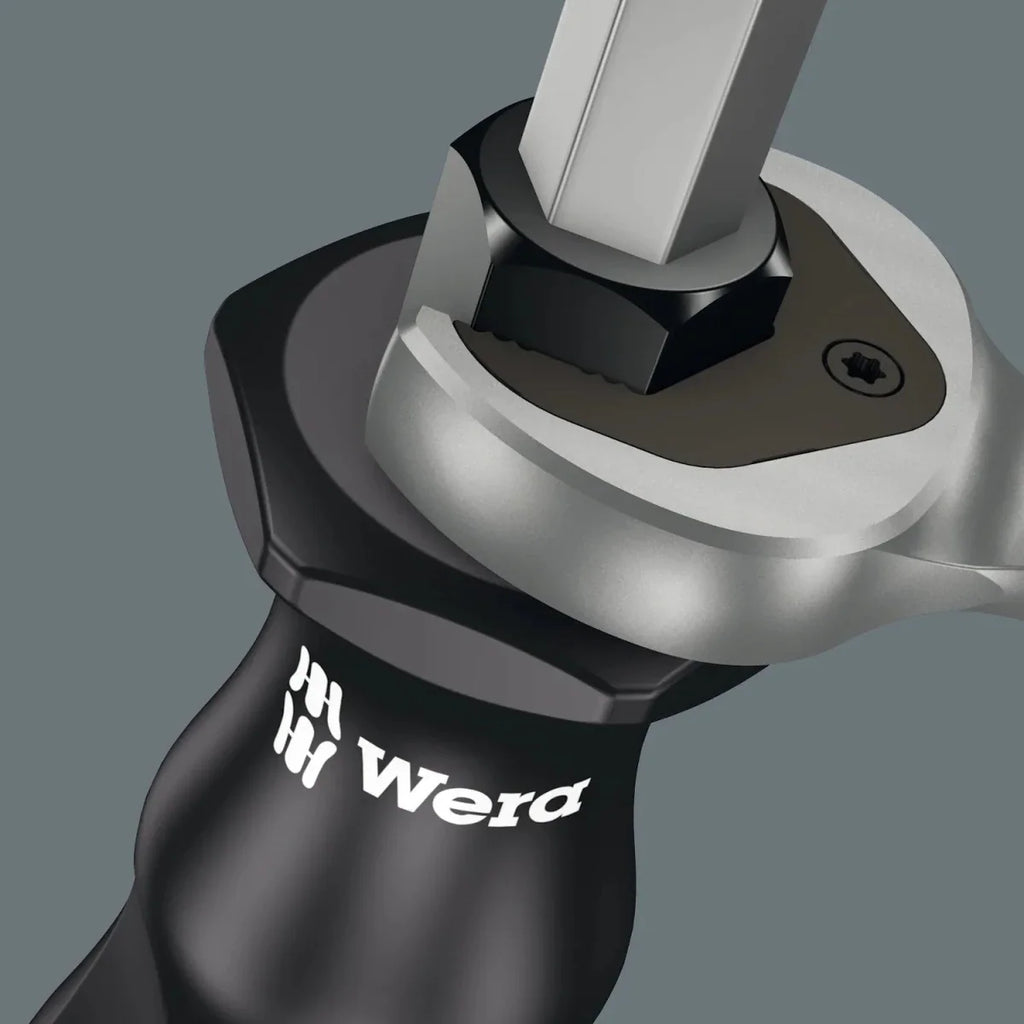 Wera screwdriver handle and metal shaft fitted into a ratchet head