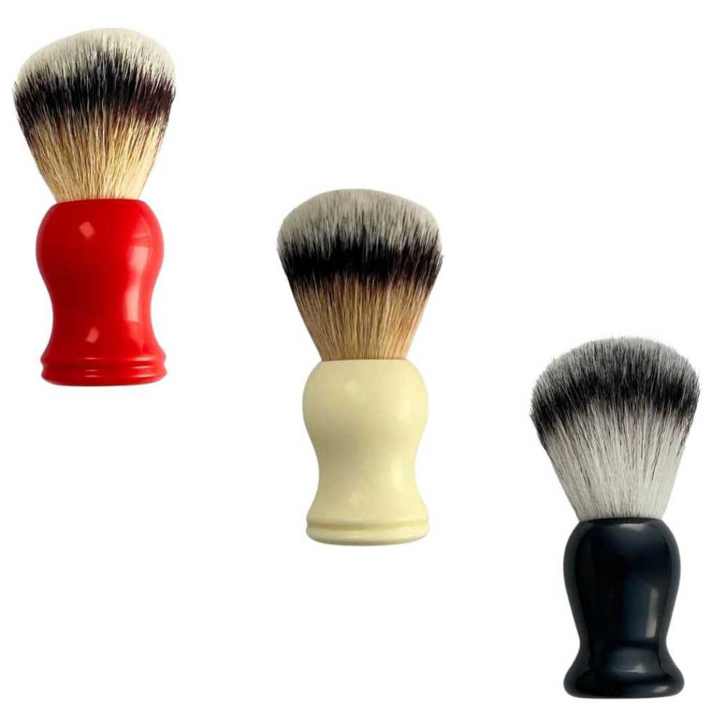 Shaving brush set with three handles: red, beige, and black