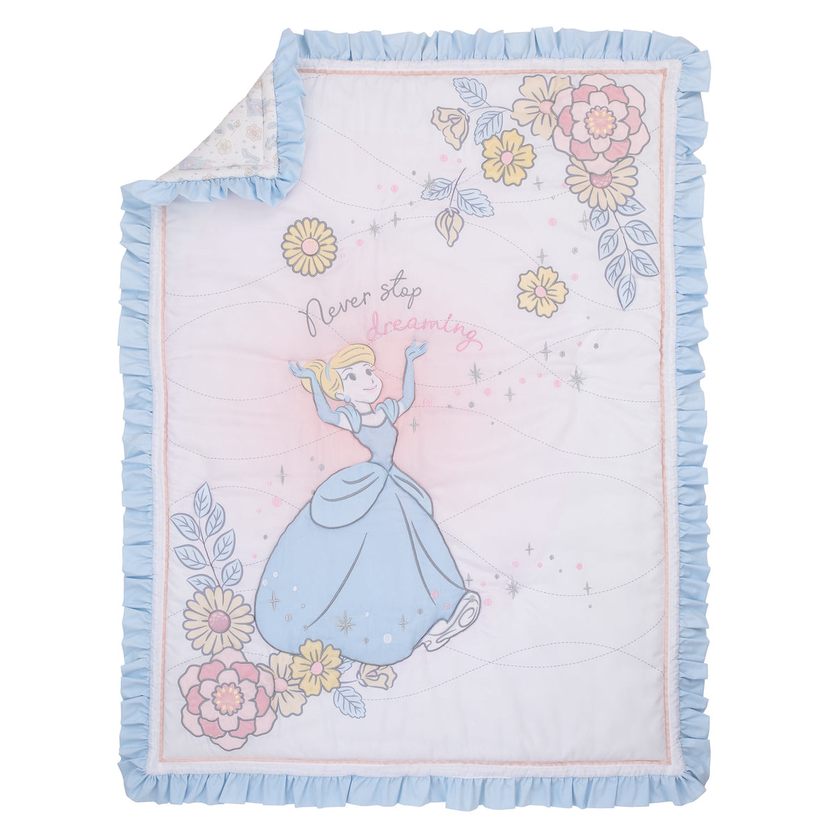 Light blue ruffled edge comforter with princess and floral print on white