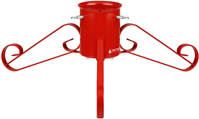 Medium red metal tree stand with central spike and three curled support arms