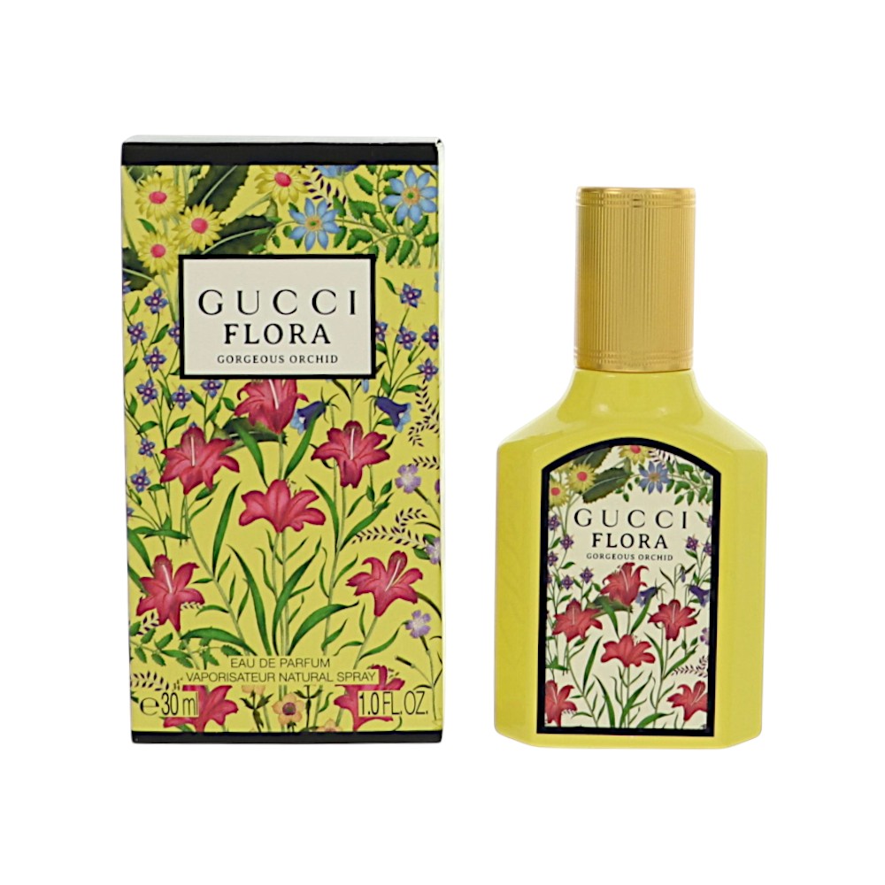 Gucci Flora Gorgeous Orchid eau de parfum spray with yellow bottle and flower-pattern box