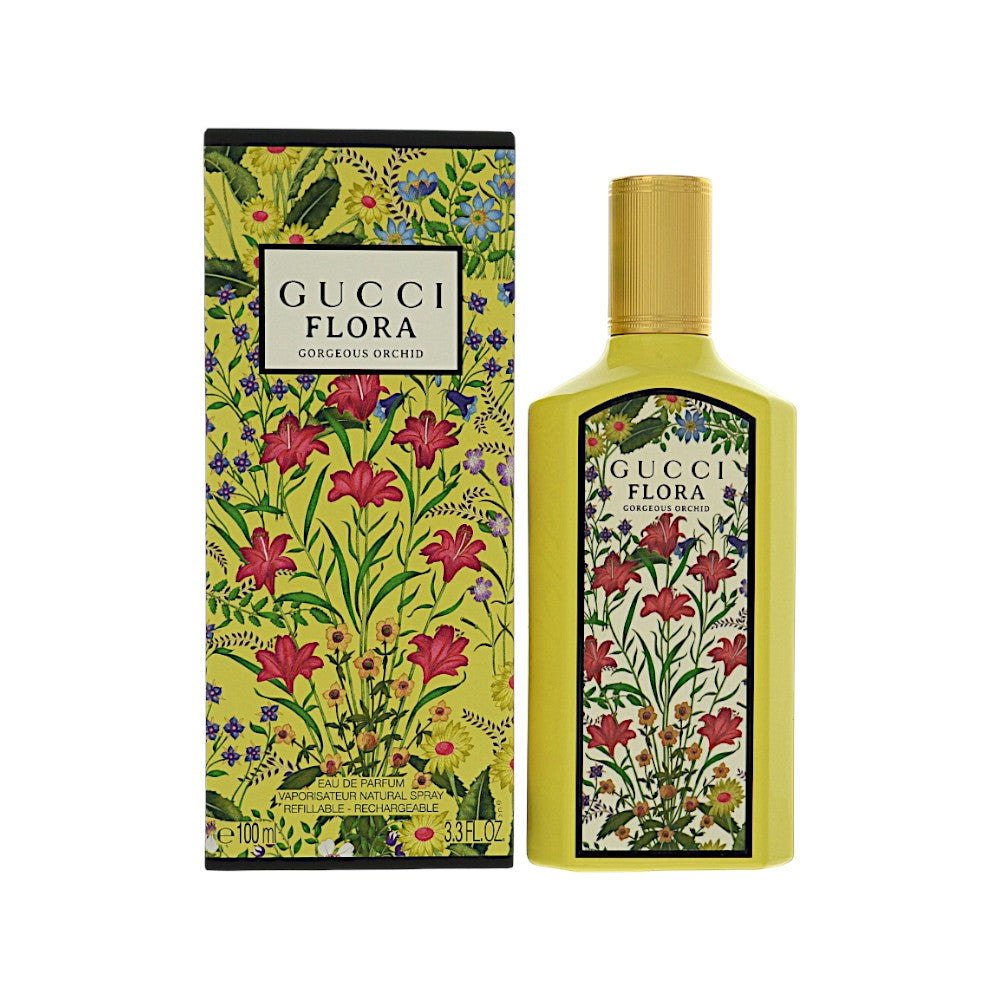 Floral eau de parfum spray with yellow bottle, gold cap, and matching box