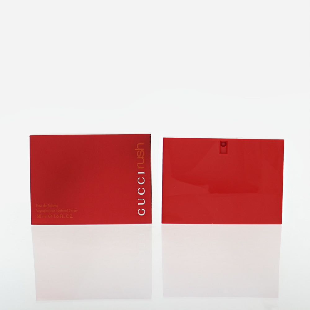 Red and white Eau de Toilette perfume box with vertical “Gucci Rush” label