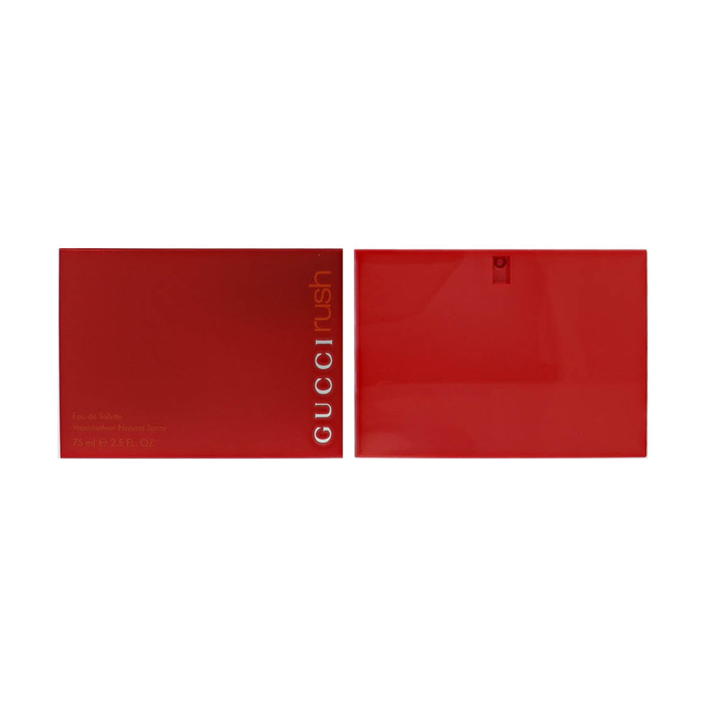 Red Eau de Toilette perfume box set with vertical “Gucci Rush” branding