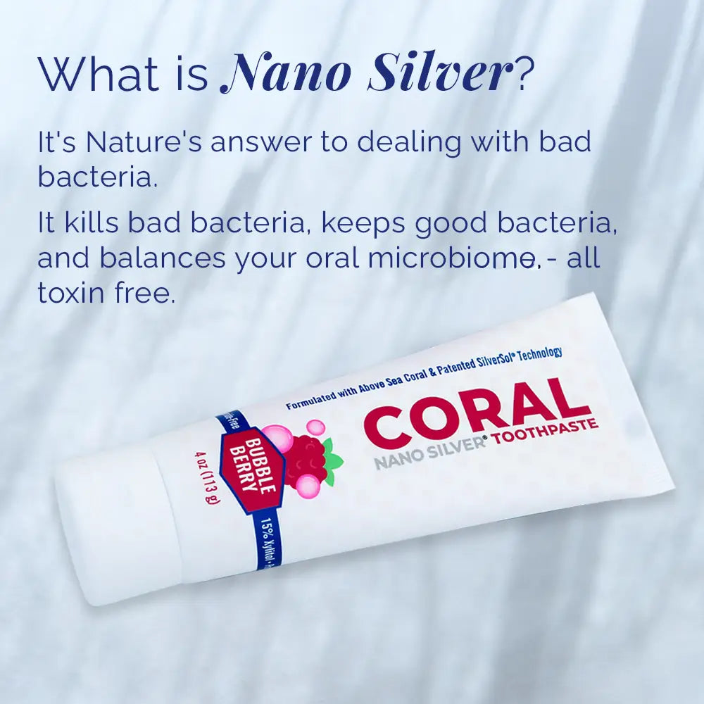 CORAL nano silver toothpaste tube with bubble berry label on white tube