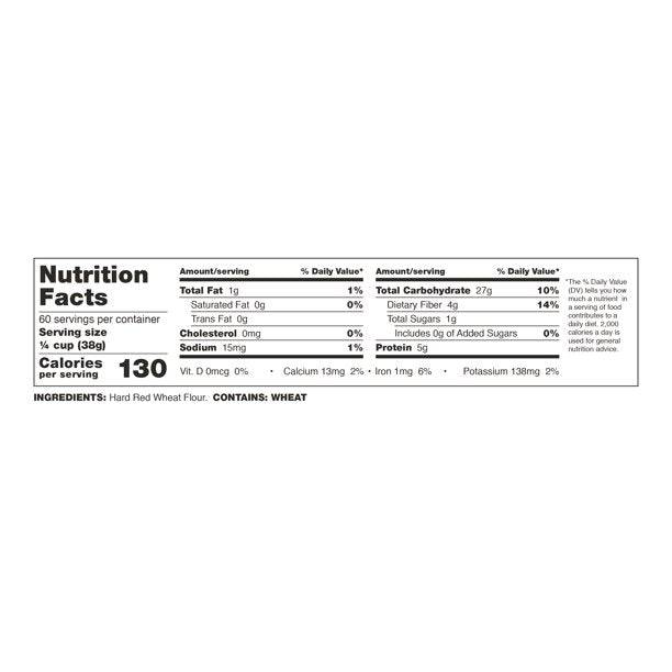 Nutrition facts panel for whole wheat flour with serving and ingredient details.