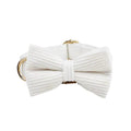 White corduroy bowtie with gold bow ring hardware for dog collar
