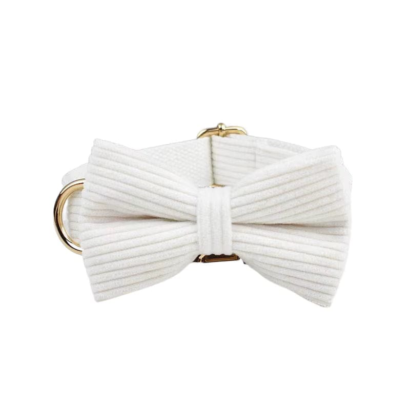 White corduroy bowtie with gold bow ring hardware for dog collar