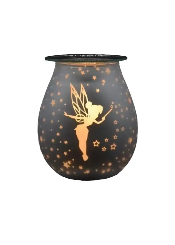 Fairy aroma warmer lamp, frosted dark jar with golden fairy silhouette and stars