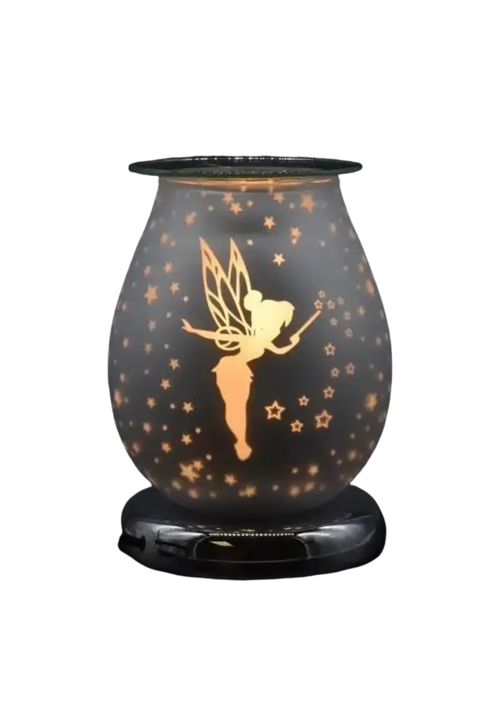 Fairy aroma warmer lamp with dimmer base, frosted jar with golden fairy and stars