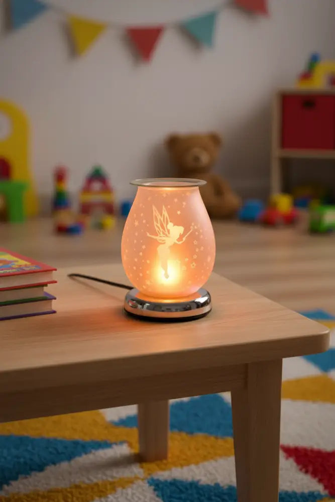 Fairy aroma warmer lamp with golden fairy silhouette, glowing jar on black base