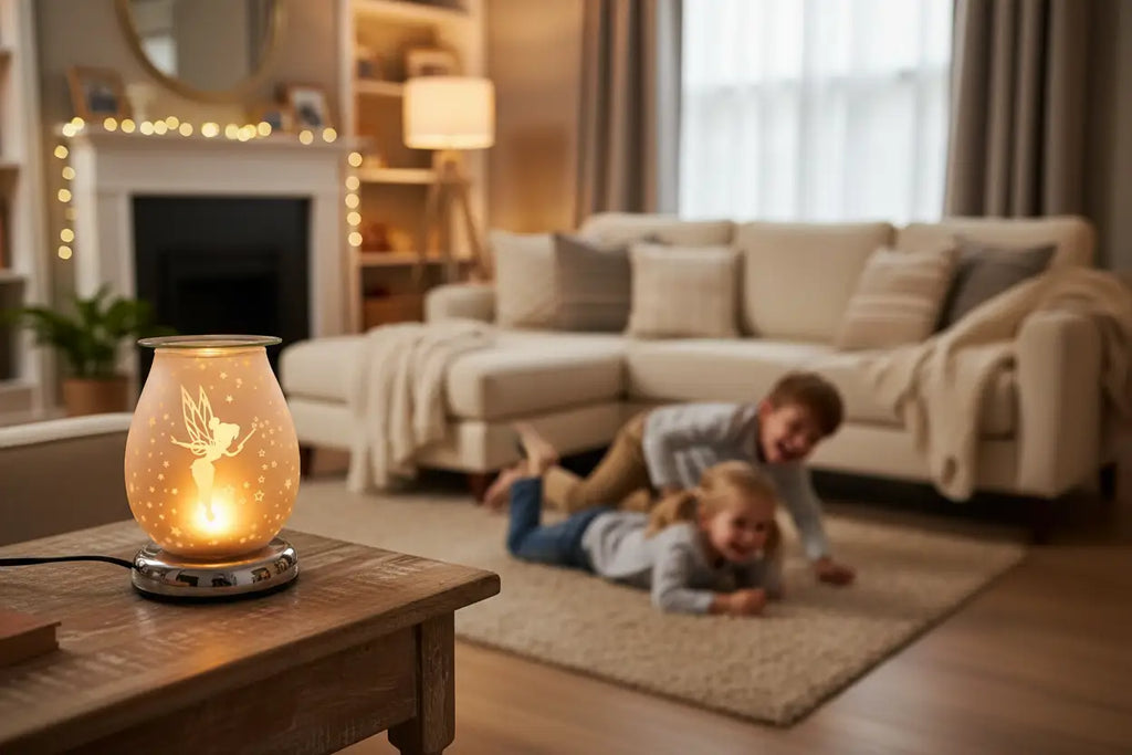Glowing fairy aroma warmer lamp with frosted jar, golden fairy and star pattern