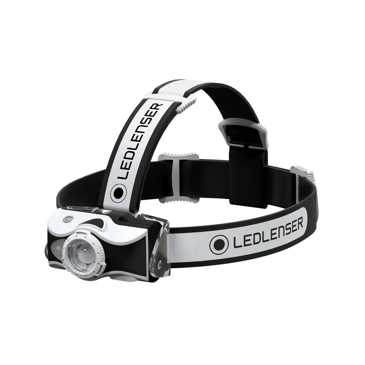 White LEDLENSER headlamp with adjustable black strap and front spotlight