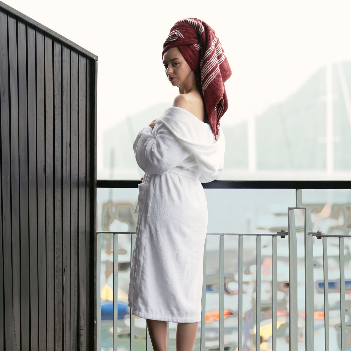 Unisex white cotton bathrobe with hood and waist belt, ankle-length terry robe