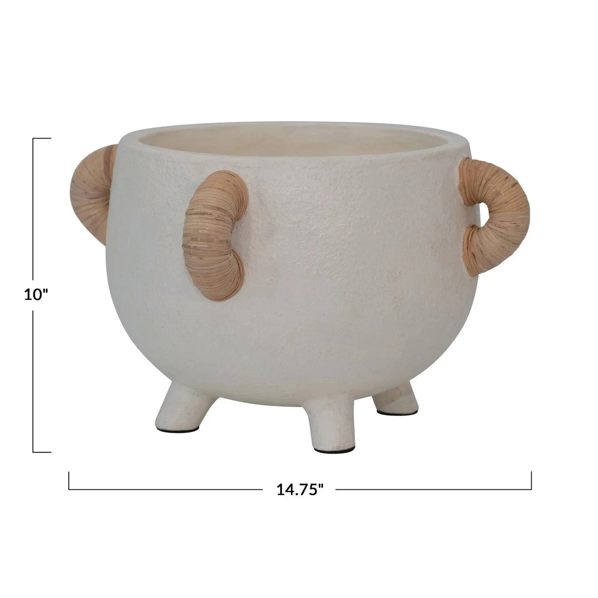 White ceramic planter with rattan loop handles and three feet; size shown