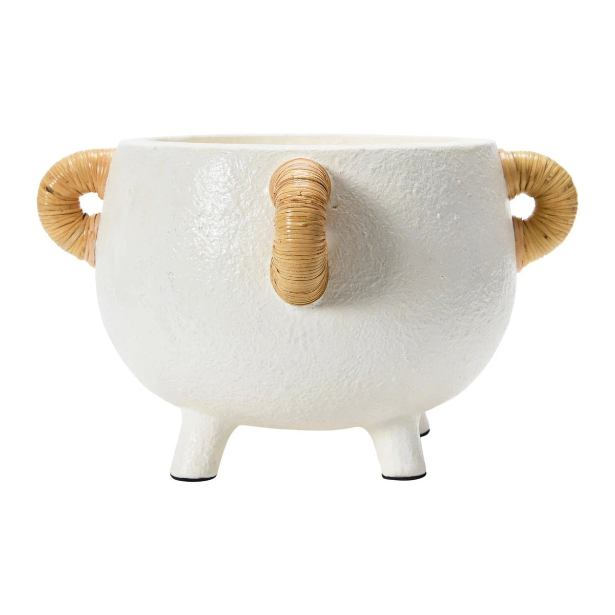 White ceramic planter with rattan loop handles and three legs