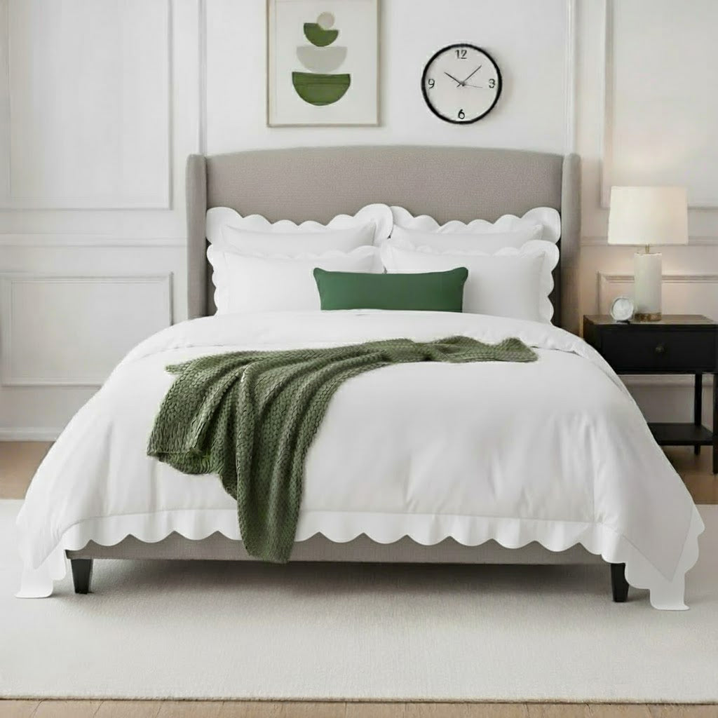 Wavy applique cotton duvet cover set with white scalloped border