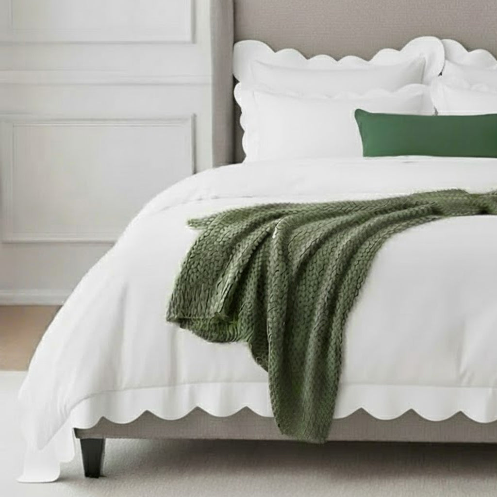 Cotton duvet cover set with white scalloped border and pale green wavy applique embroidery