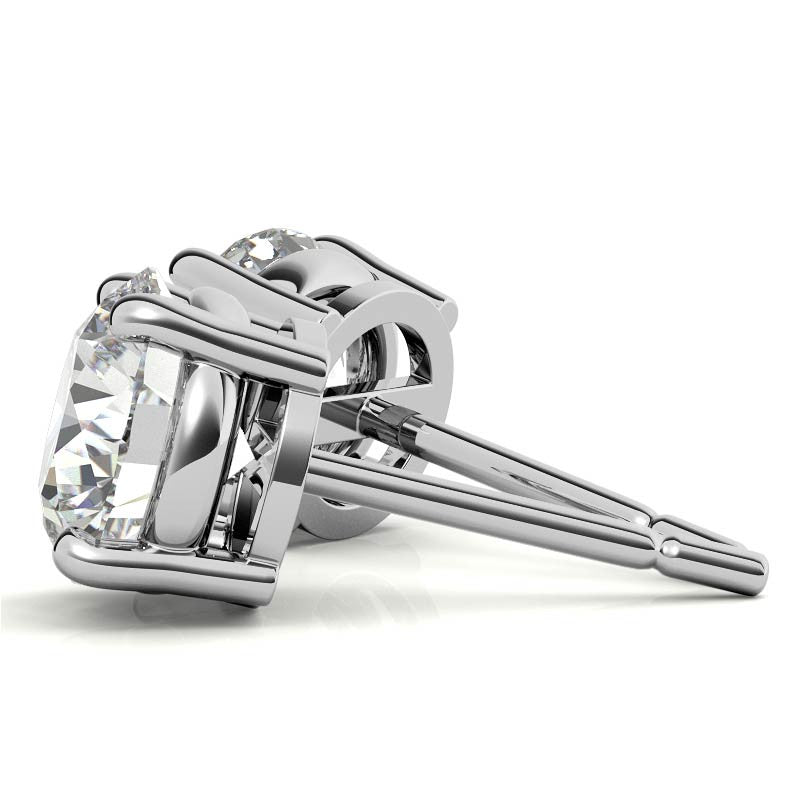 Round diamond stud earring with prong basket and straight post, white gold